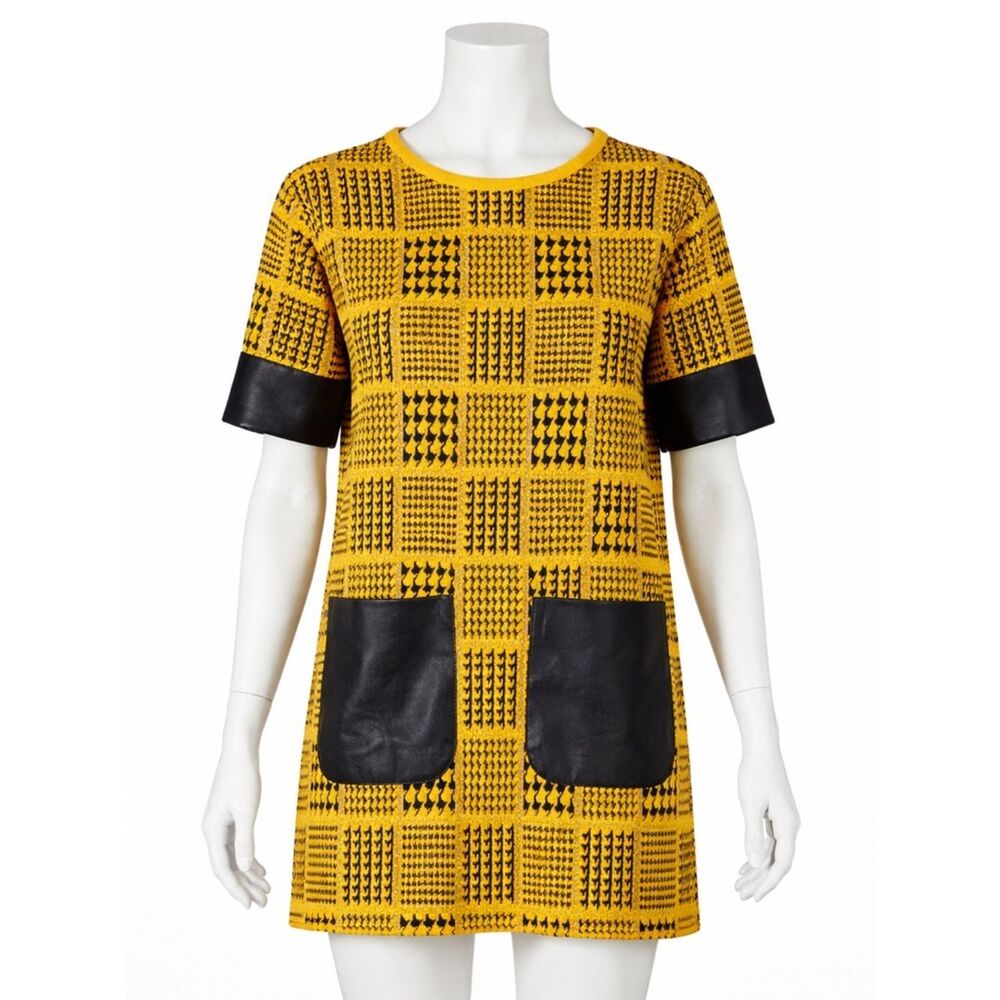 Patrizia Luca Milano Mustard Black Geometric Knit Mini Dress S/M Mod Chic